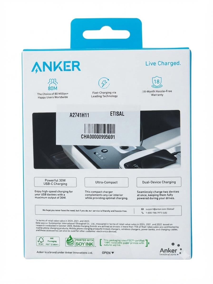 Anker 30W Dual-Port Car Charger | Ultra-Compact Fast USB-C Vehicle Power Adapter